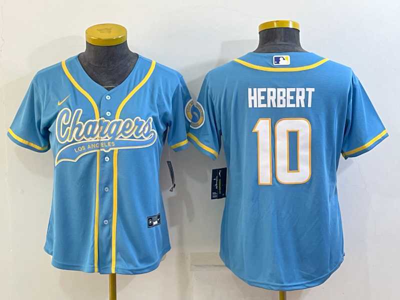 Women%27s Los Angeles Chargers #10 Justin Herbert Blue With Patch Cool Base Stitched Baseball Jersey->women nfl jersey->Women Jersey